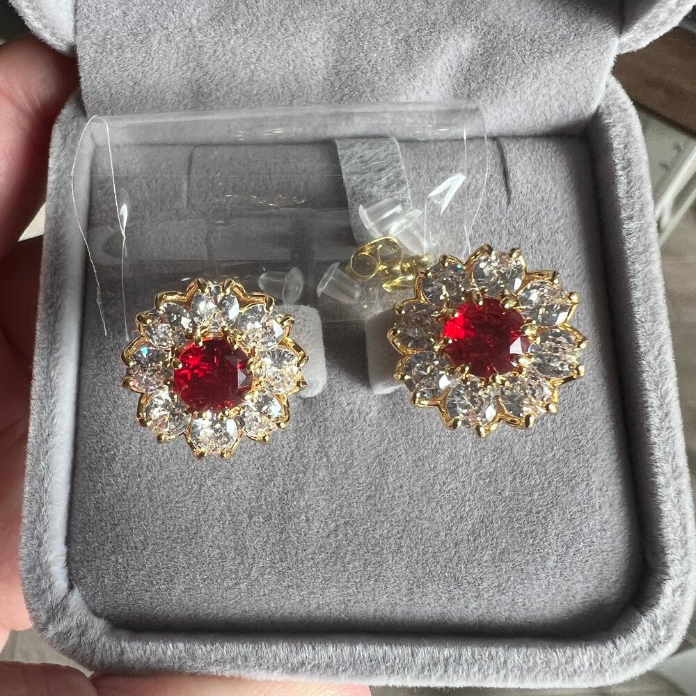 14K Gold Plated Post Brilliant Round Faux Diamond Halo Zirconia Stud Earrings